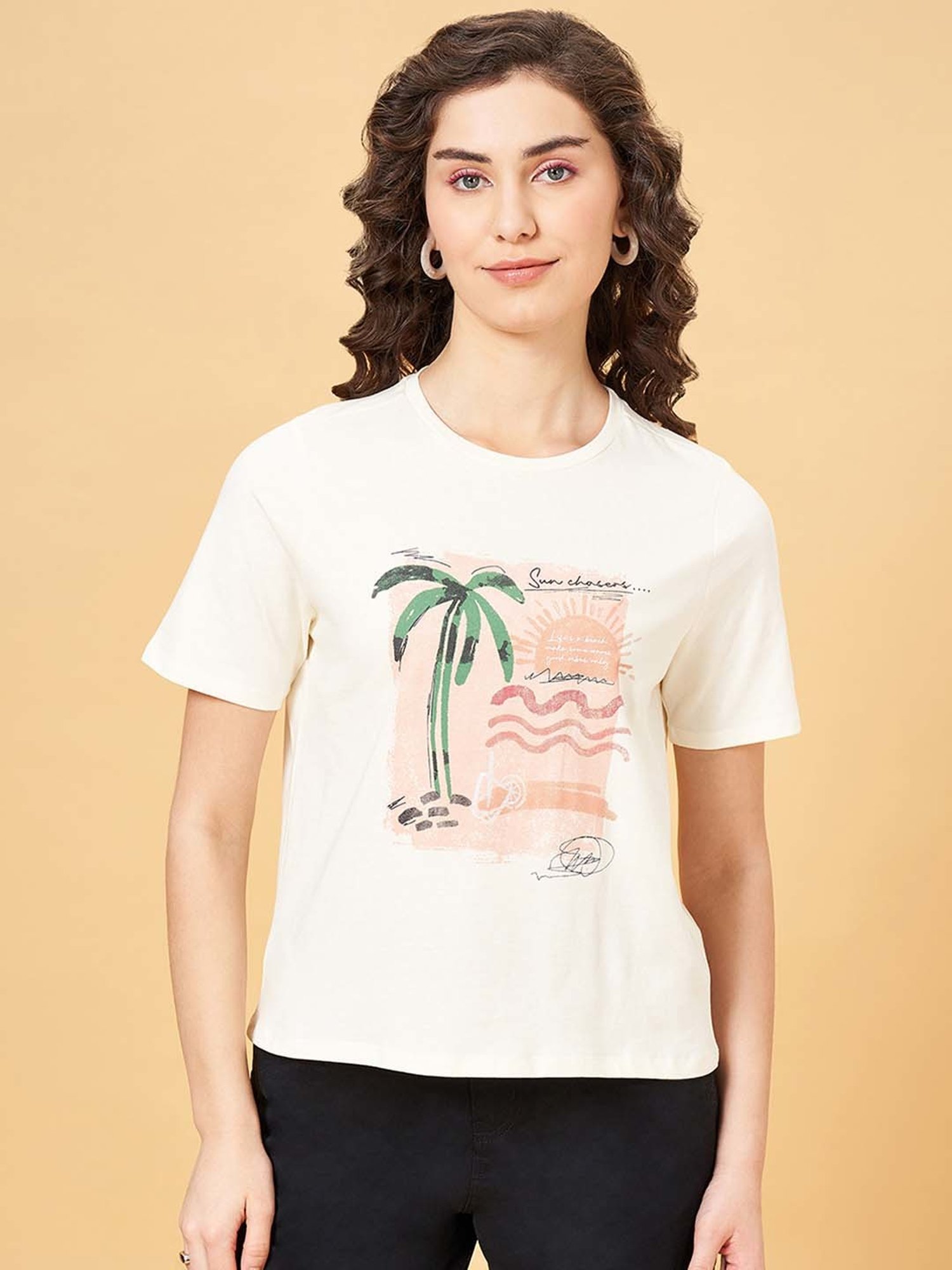 People by Pantaloons White Cotton Printed T-Shirt