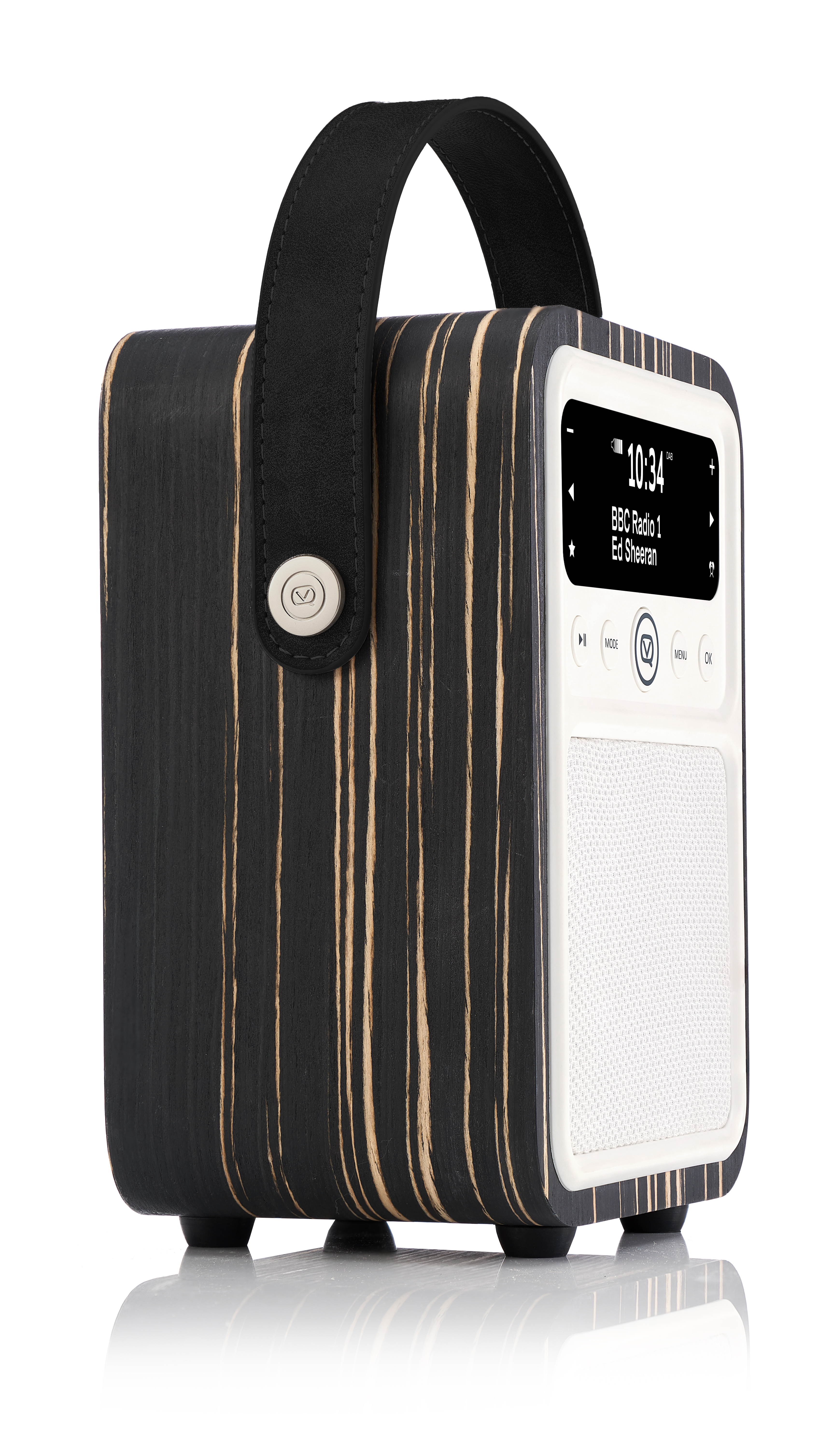 monty by vq | radio & bluetooth speaker with am/fm & hd radio, dual alarm clock, mains or battery  real wood black zebra case