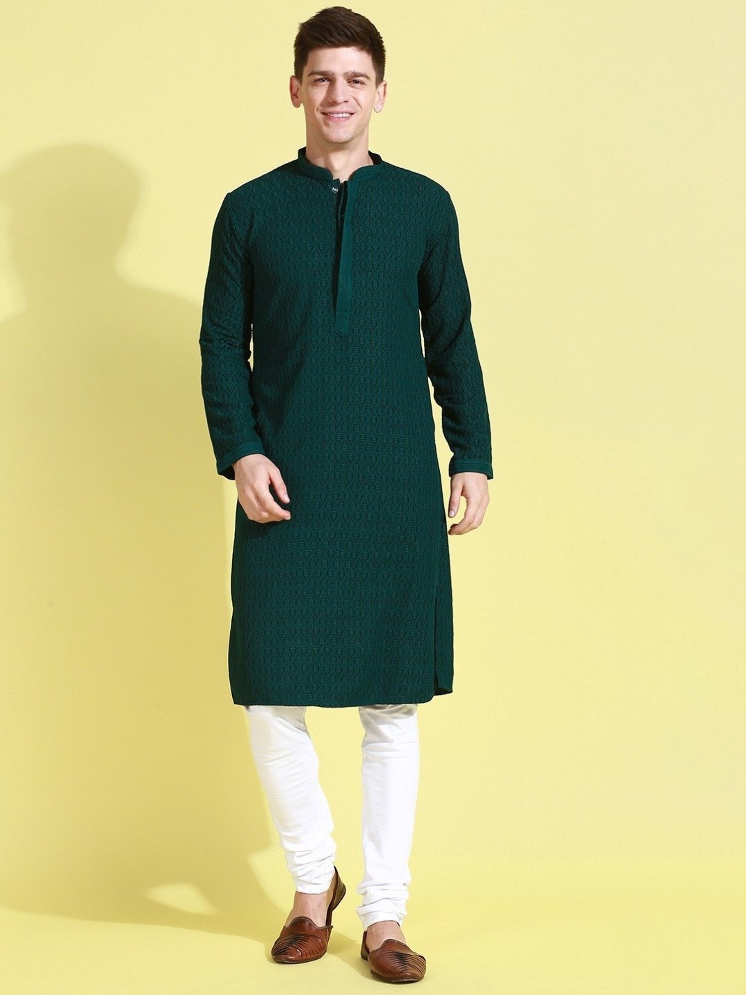 Sanwara Deep Green Cotton Regular Fit Embroidered Kurta Bottom Set