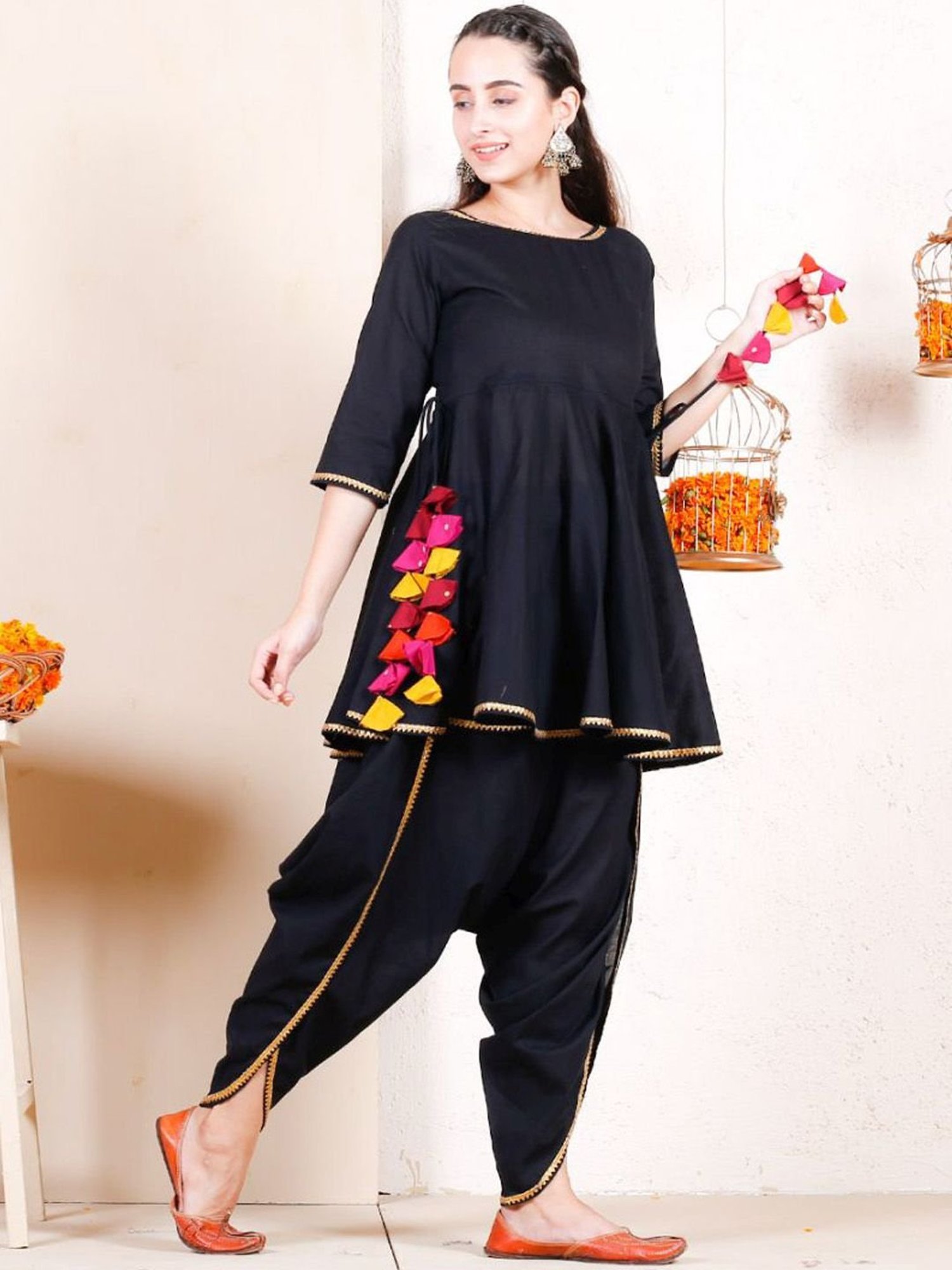 Rustorange Black Peplum Top & Dhoti Set