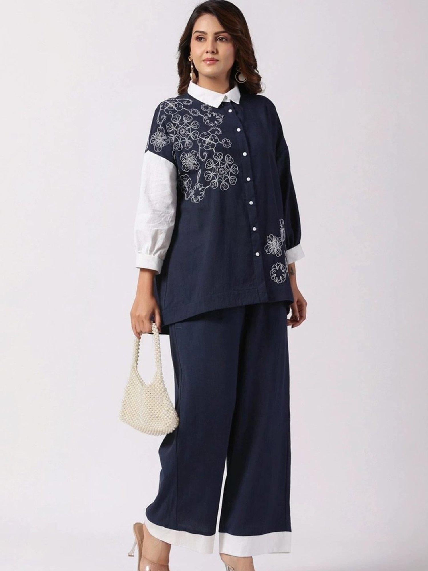 Kaftanize Navy Blue & White Embroidered Cotton Shirt with Pant Co-Ord Set
