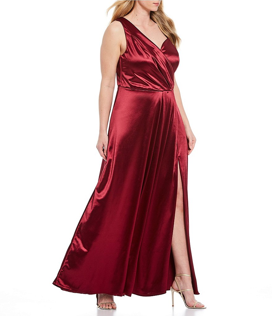 Teeze Me Plus One-Shoulder Wrap Bodice High Side Slit Satin Long Dress