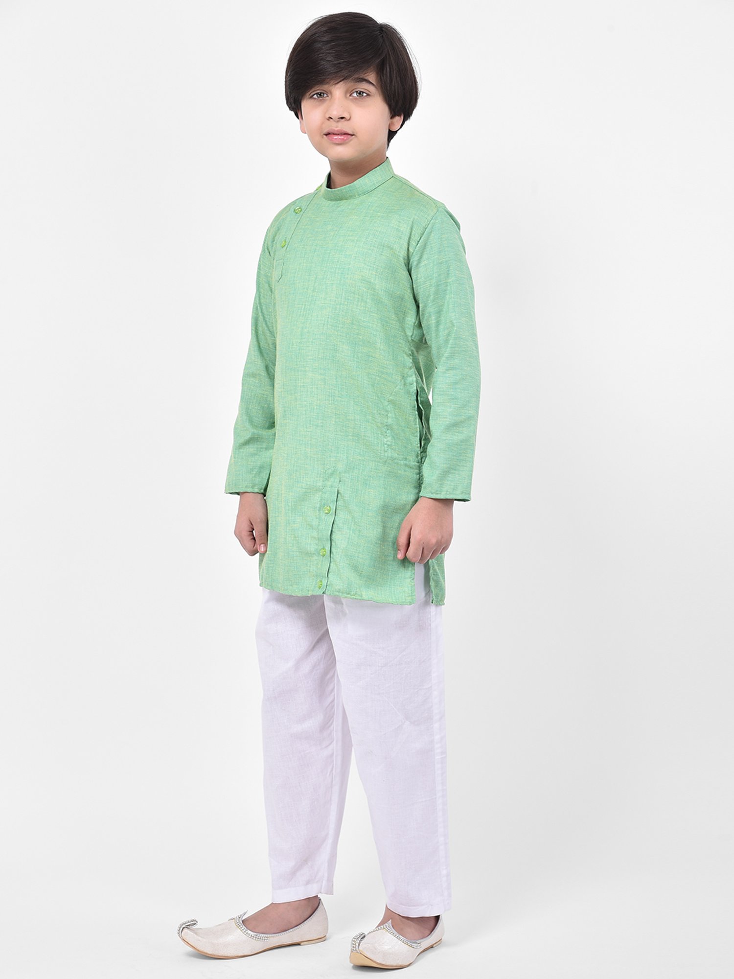 Deyann Kids Green & White Solid Full Sleeves Kurta with Pyjamas