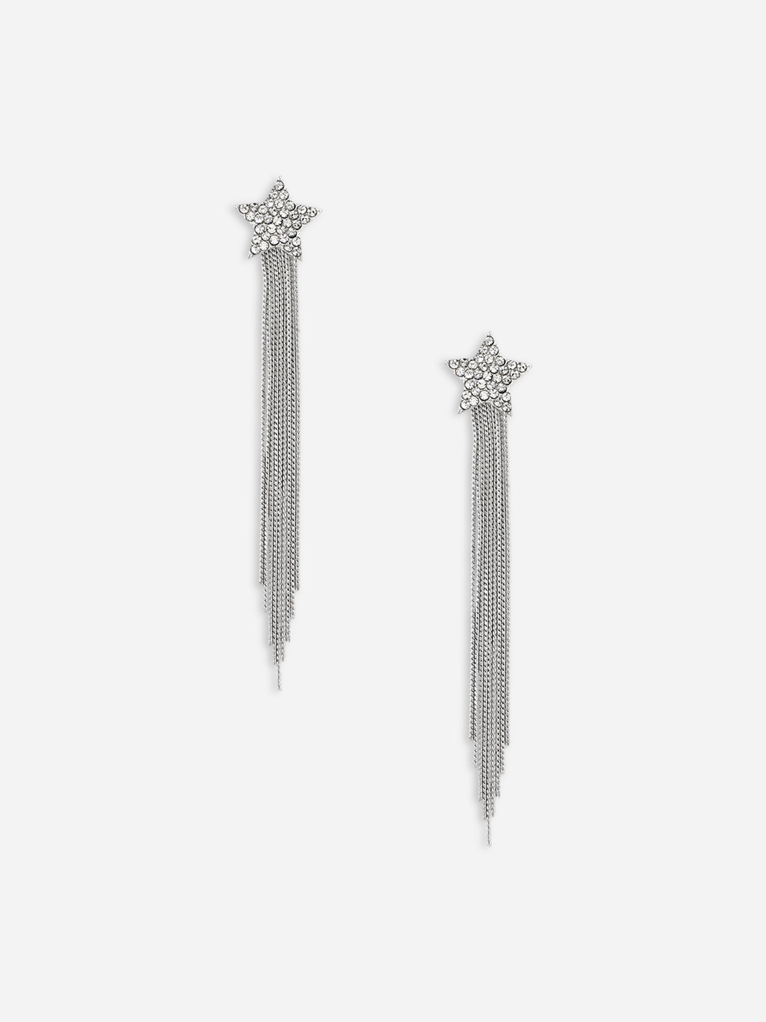 Toniq Long Strands Silver-Plated Star CZ Stone Studded Party Wear Earrings for Women