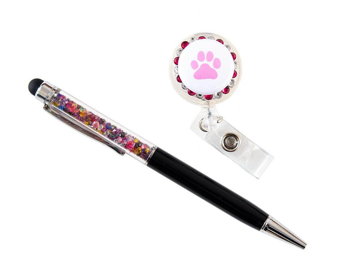 Set of Rhinestone Retractable ID Badge Holder and Rhinestone Pen/Stylus (Pink Paw_Black Pen)