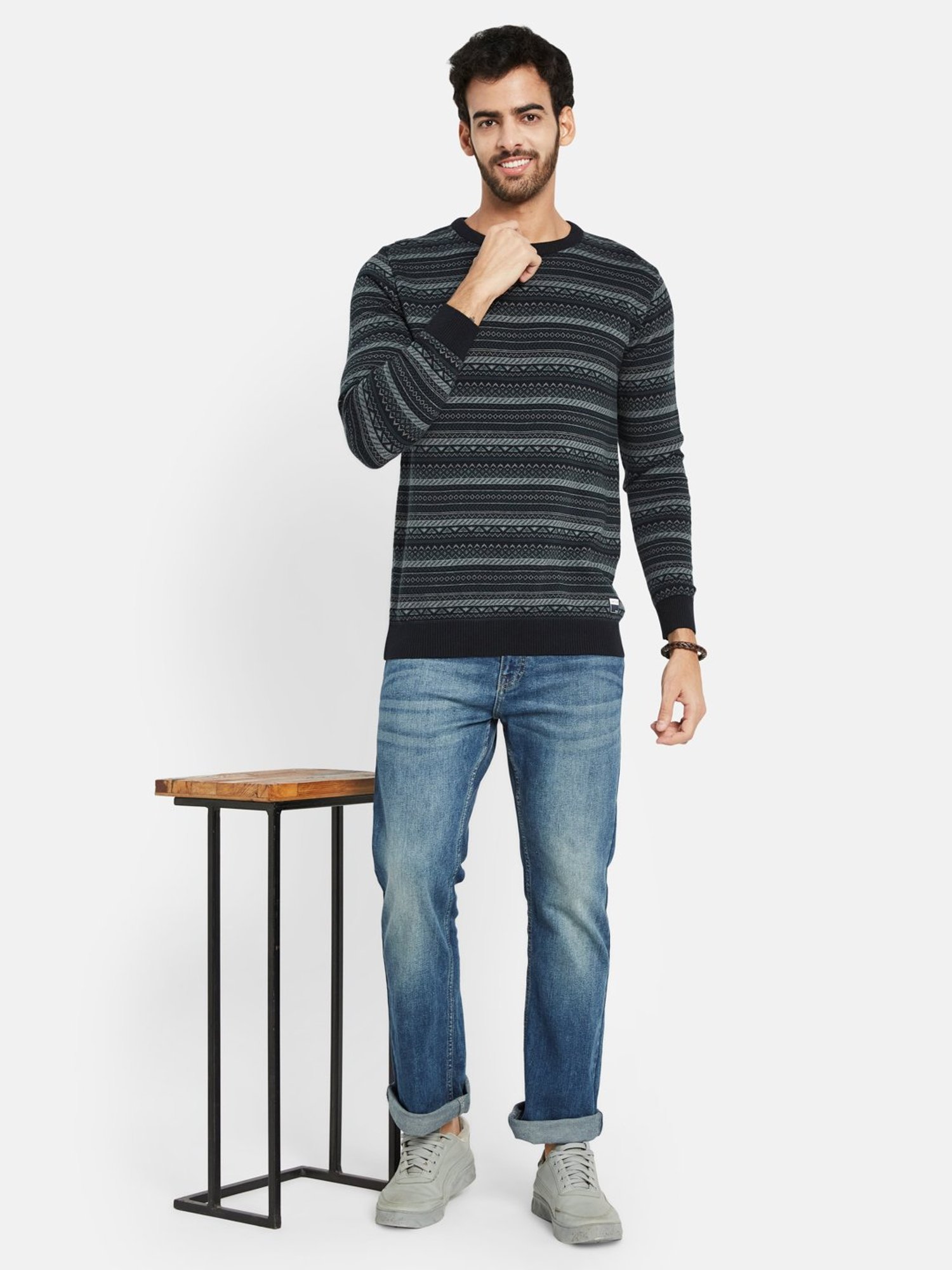 METTLE Dark Navy Regular Fit Striped Sweater