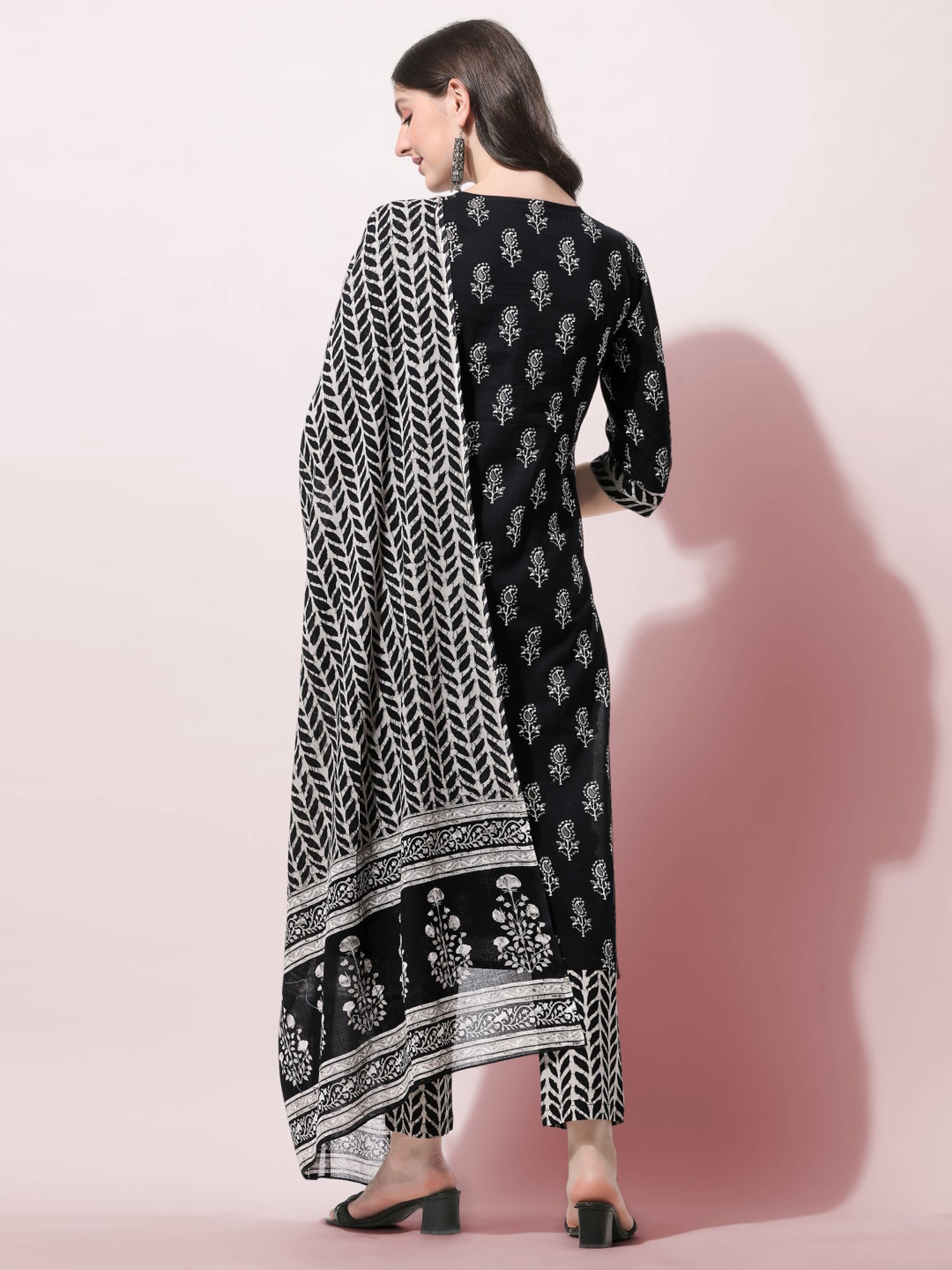 MIRCHI FASHION Black Cotton Embroidered Kurta Pant Set With Dupatta