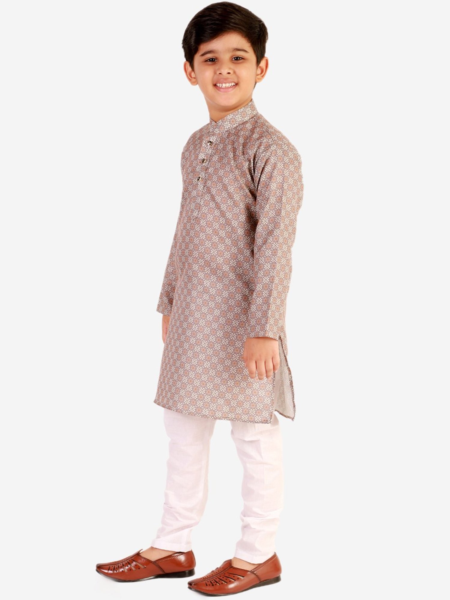 Pro-Ethic Style Developer Kids Light Brown & White Floral Full Sleeves Kurta with Pyjamas