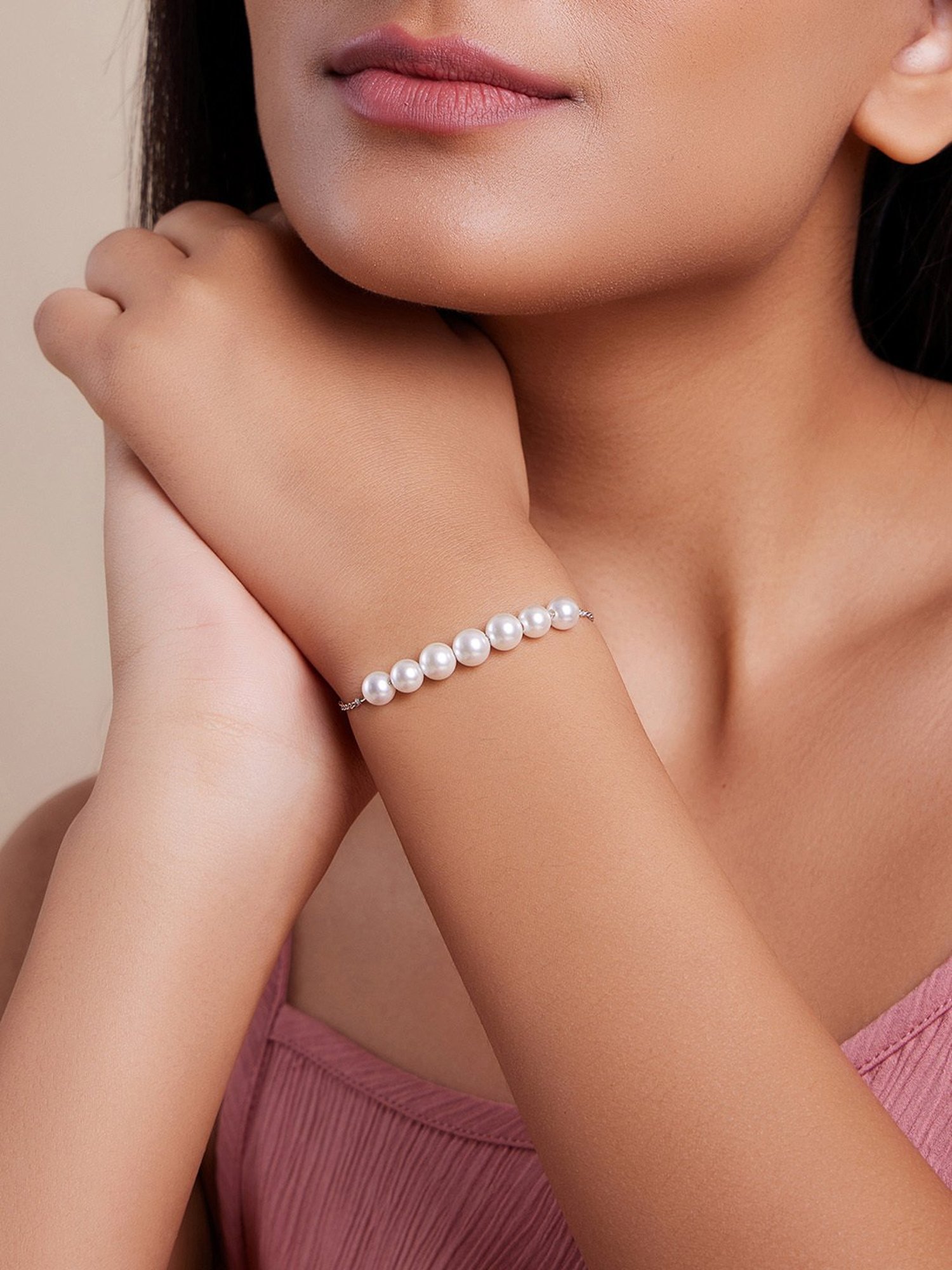 March by FableStreet 92.5 Sterling Silver White Pearls Bracelet for Women