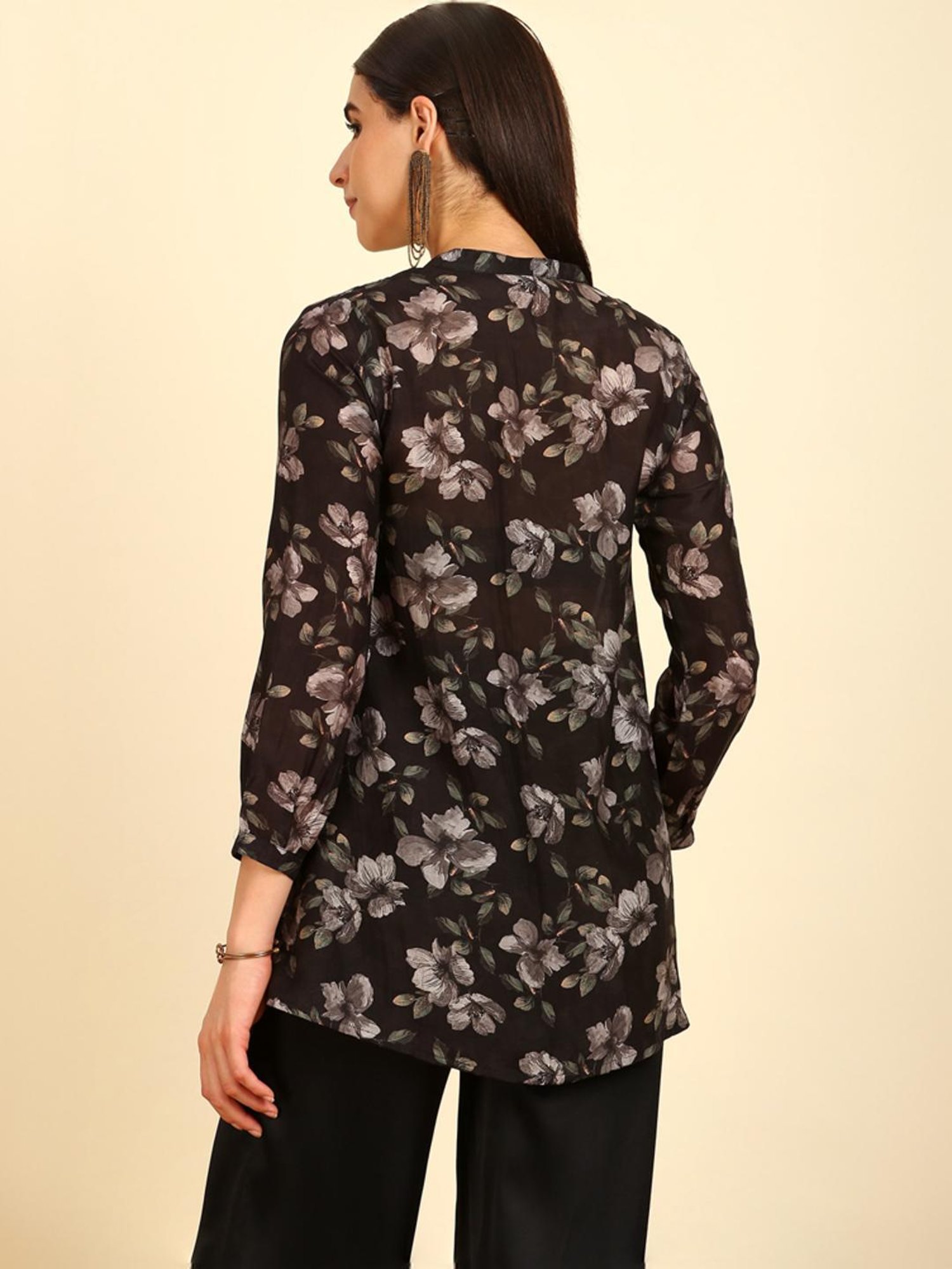 Soch Womens Black Floral Print Mandarin Collar Vicose Muslin Tunic