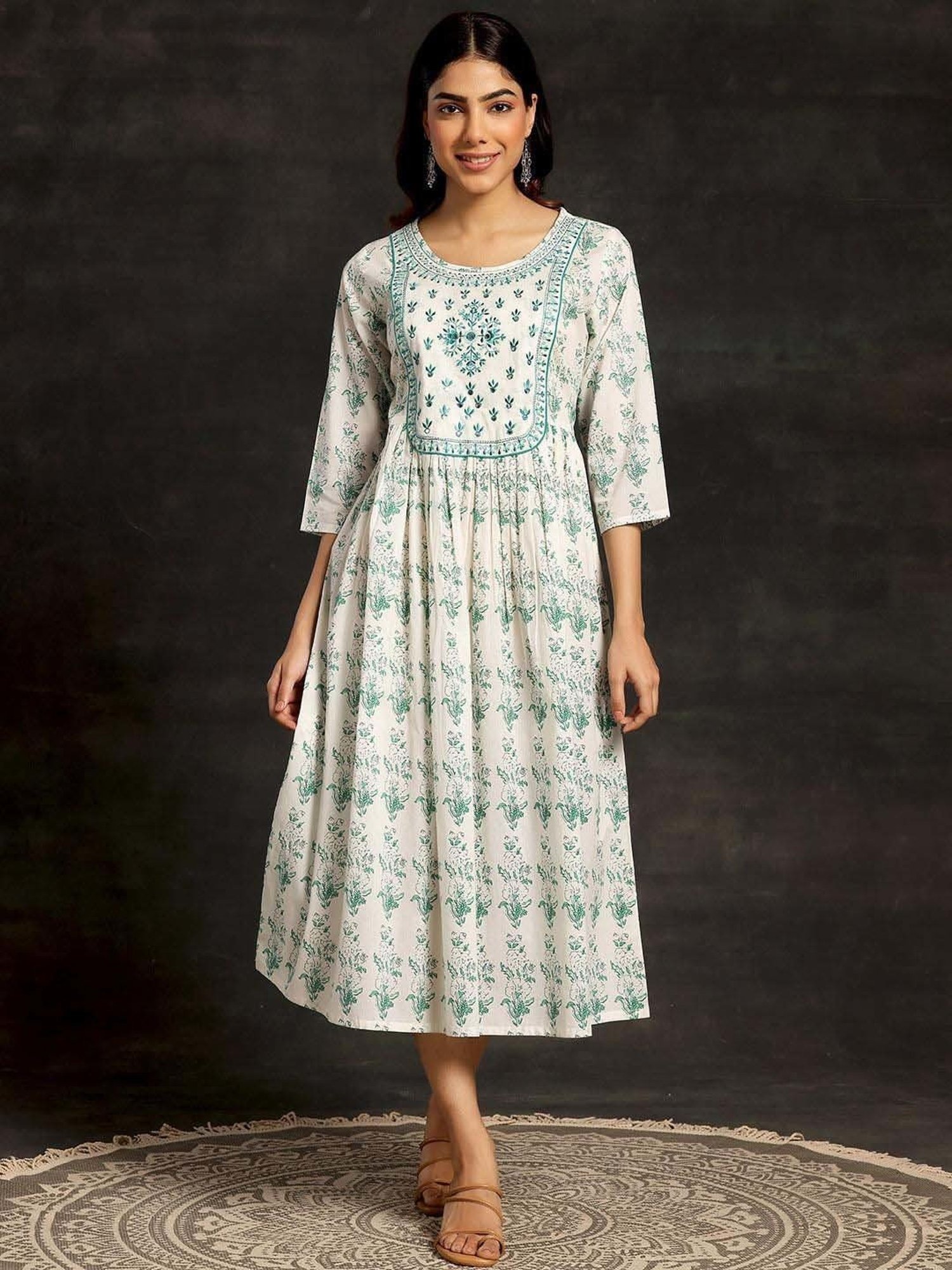 Saffron Threads Black Cotton Floral Print Ethnic Dress