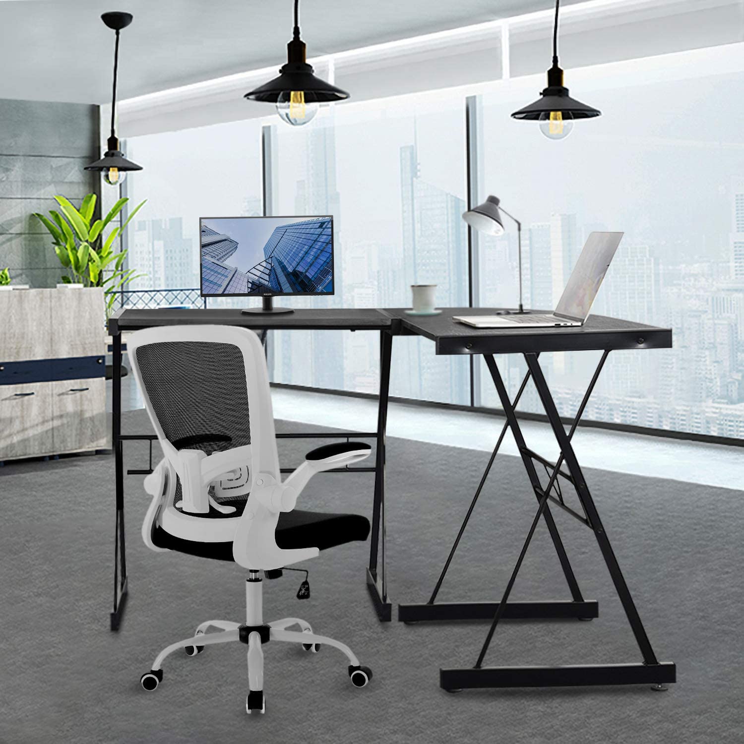 L Shaped Corner Desk, Industrial Style Computer Gaming Desk PC Laptop Workstation for Home Office, Black