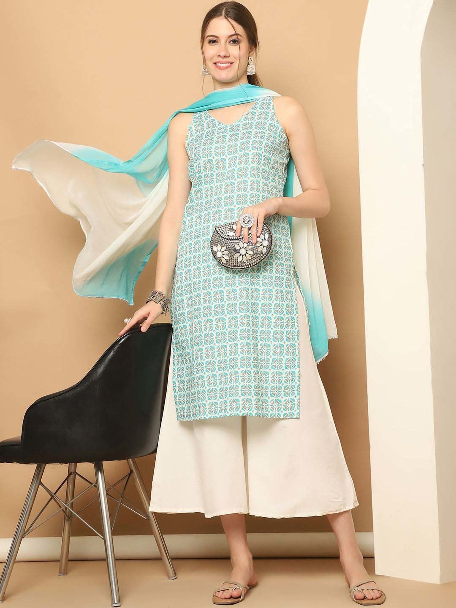 Jompers Blue & White Printed Kurta Palazzo Set With Dupatta