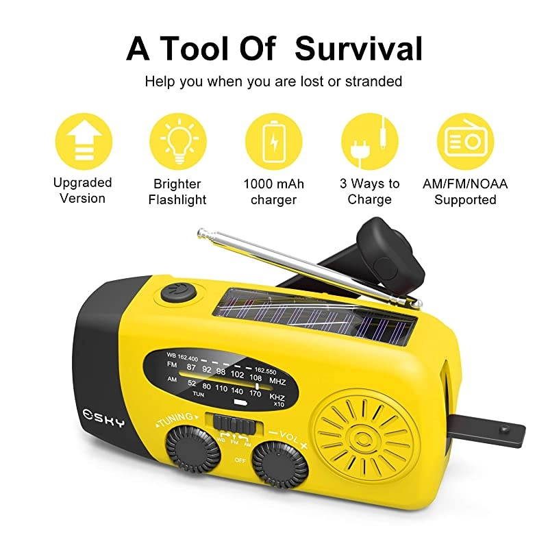 Crank Radio Solar Power, Emergency Hand Crank Radio with Flashlight & 1000mAh Cell Phone Charger,  Portable AM/FM NOAA Weather Radio, Household Outdoor Emergency Supplies, Upgraded Version