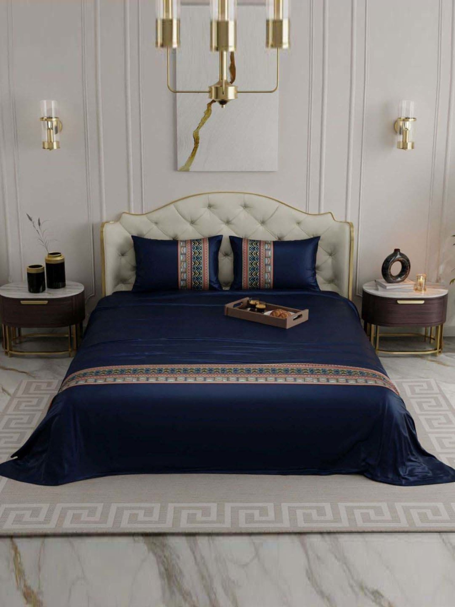 Stoa Paris Navy Polyester 300 TC Regal Renaissance Double Bed Sheet With 2 Pillow Covers