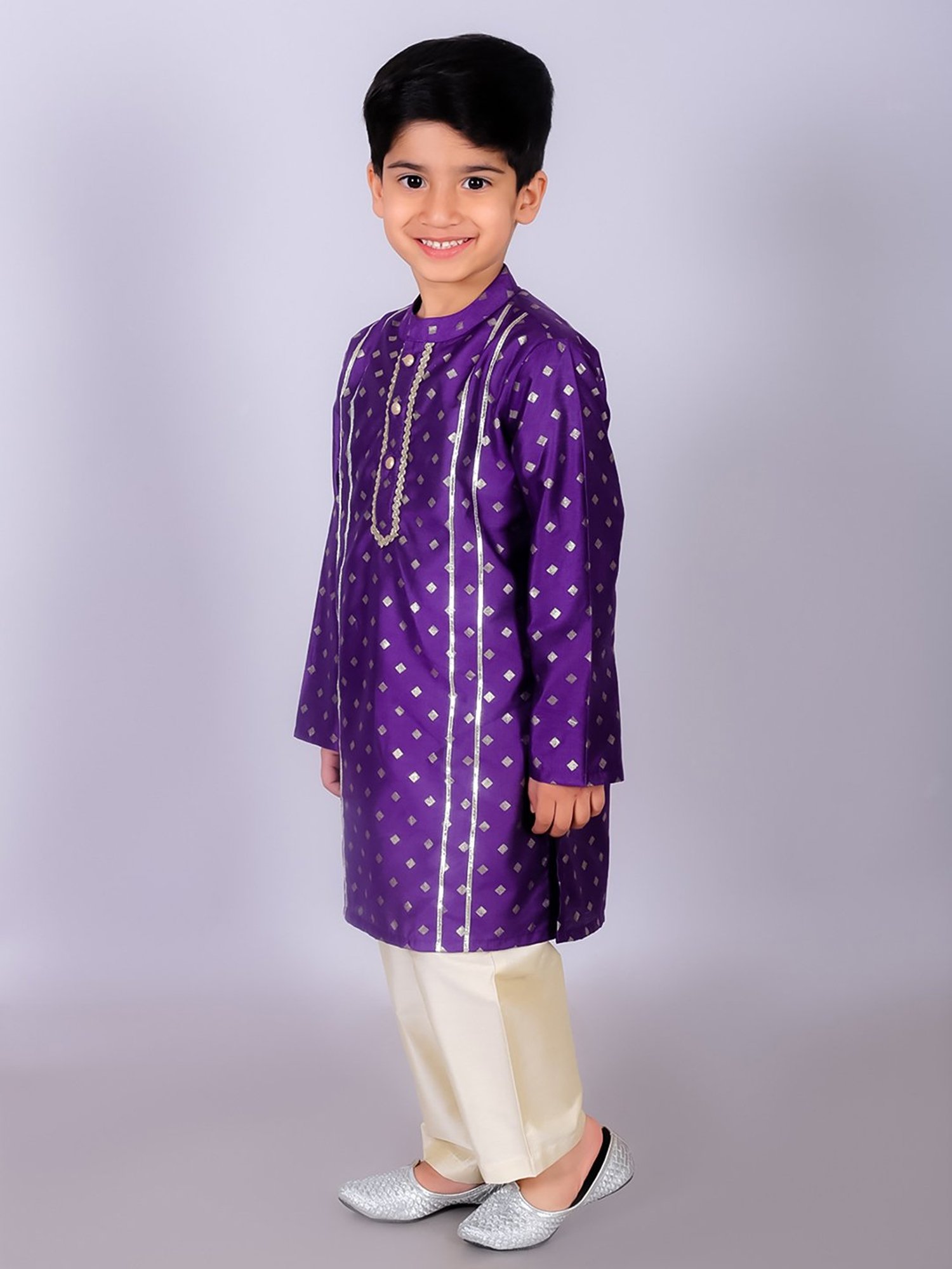 Lil Drama Kids Purple & Cream Printed Full Sleeves Kurta with Pants