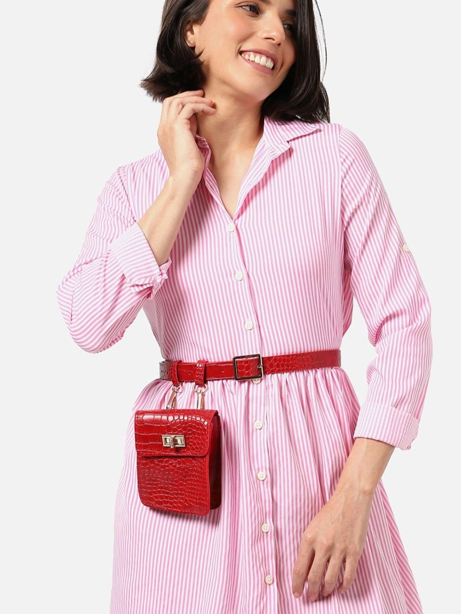 HauteSauce Red Textured Casual Belt for Women with Pouch