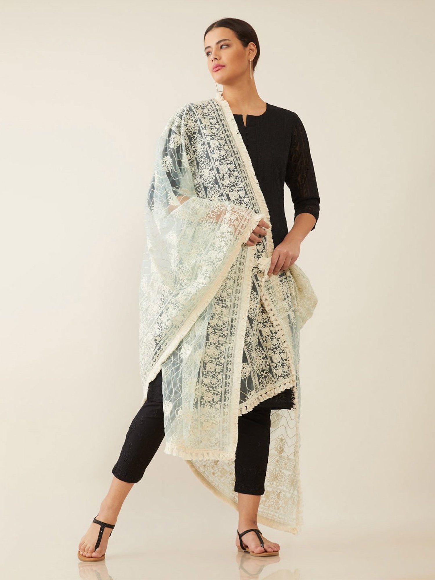 Soch Women White Crepe Embroidery Duppatta