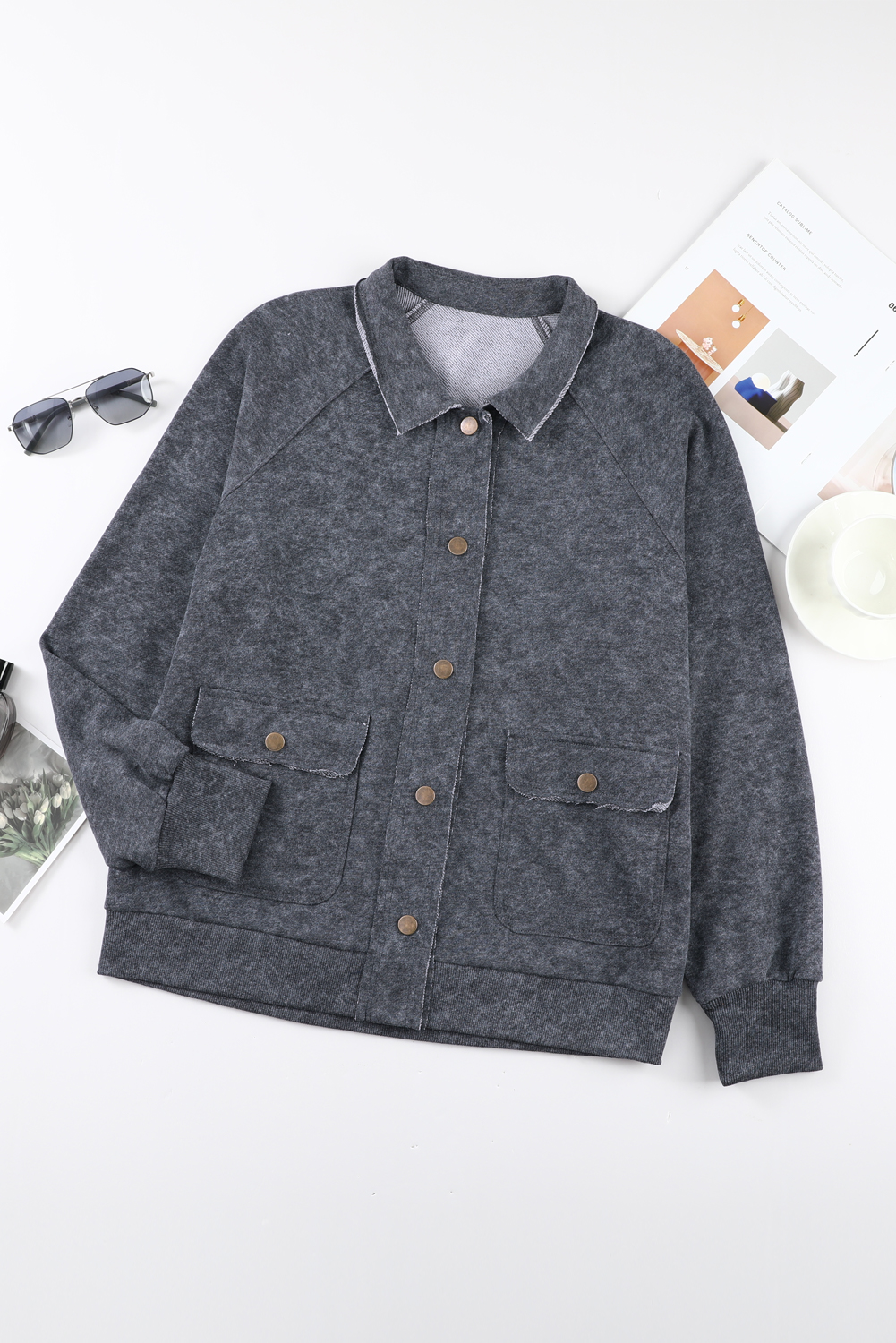Gray Snap Button Casual Flap Pockets Washed Jacket