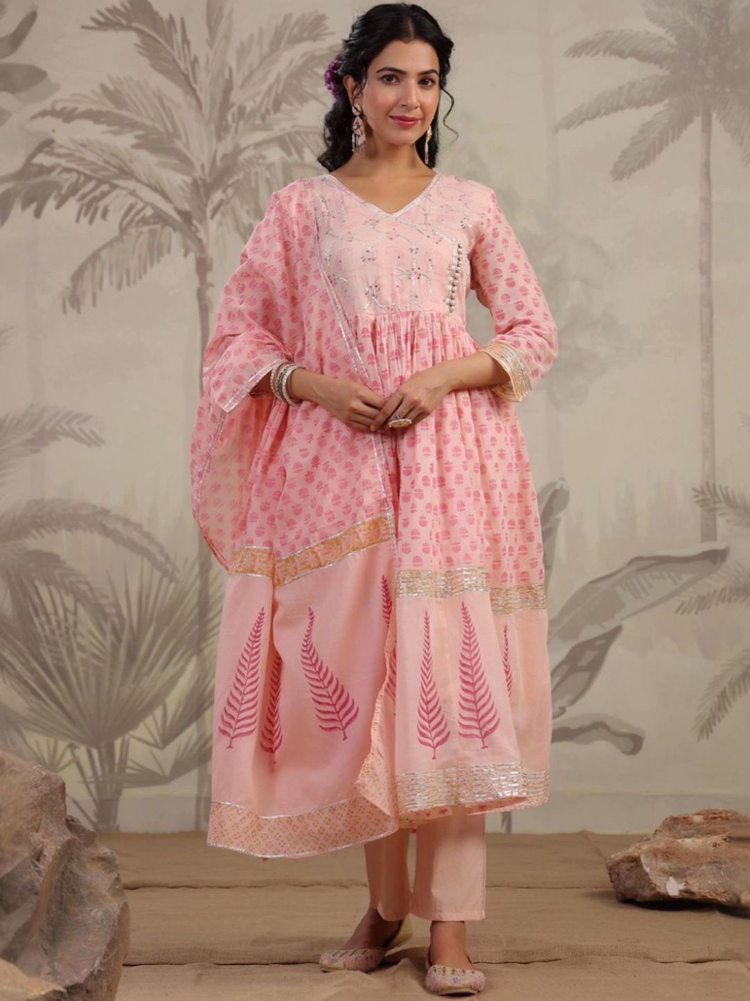 SCAKHI Peach Hand-Block Printed Handworked Anarkali Kurta and Pant With Dupatta