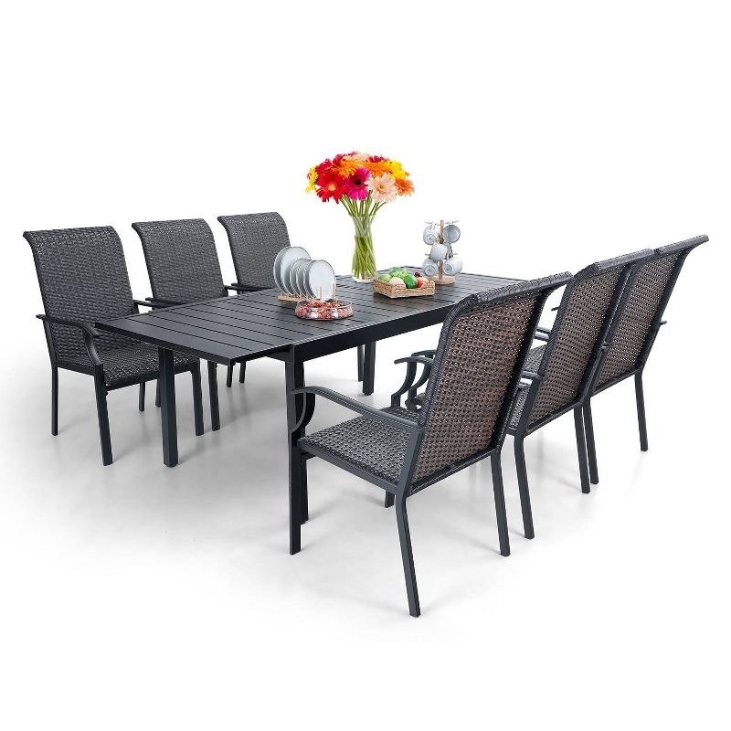 7pc Patio Dining Set with Rattan Arm Chairs & Rectangle Concertina Steel Table - Captiva Designs