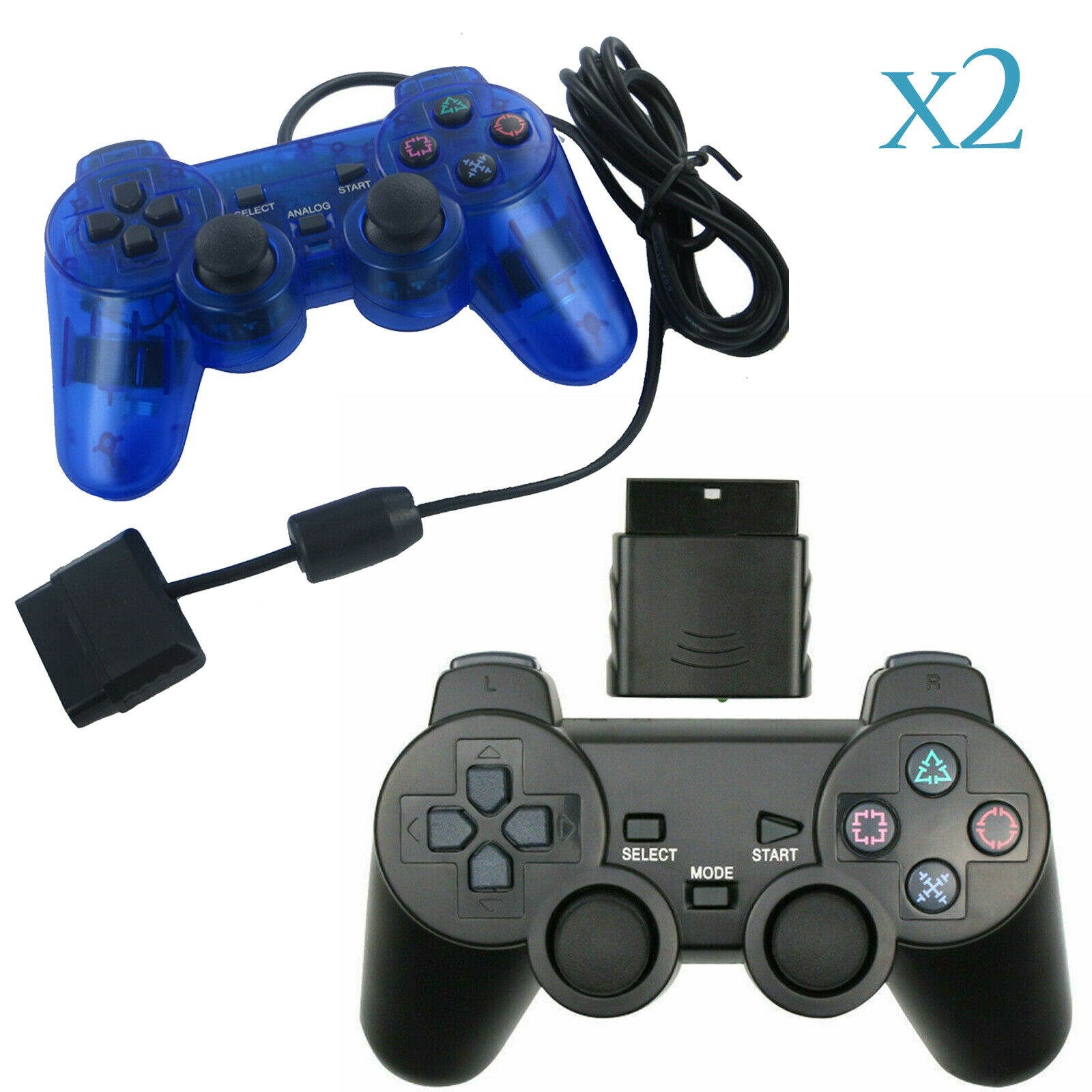 2x For  PS2 2.4G Wired Wireless Twin Shock Game Controller Joystick Joypad