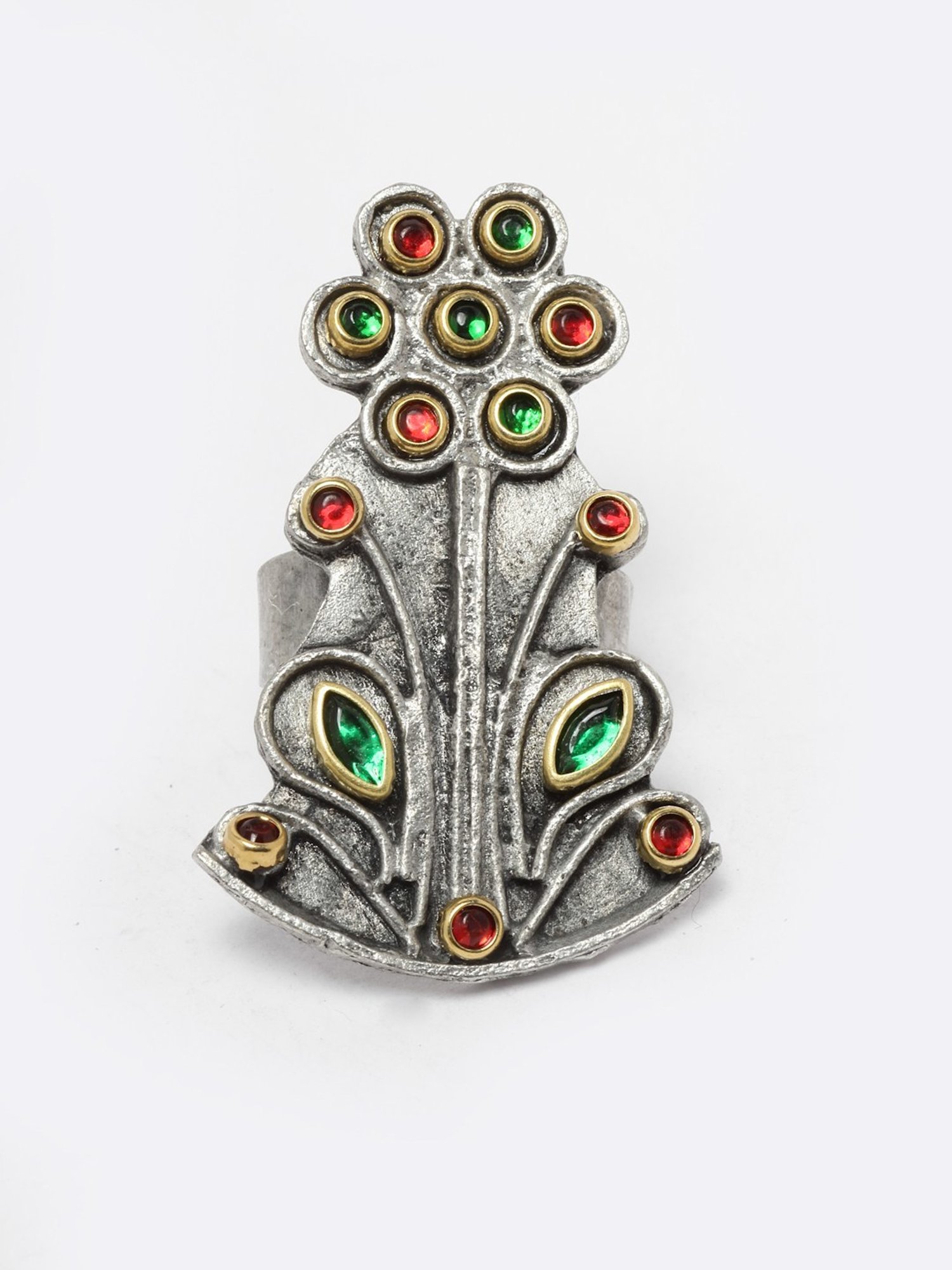 Moedbuille Handcrafted Crystals Studded Antique Tribal Design Oxidised Silver Plated Finger Ring