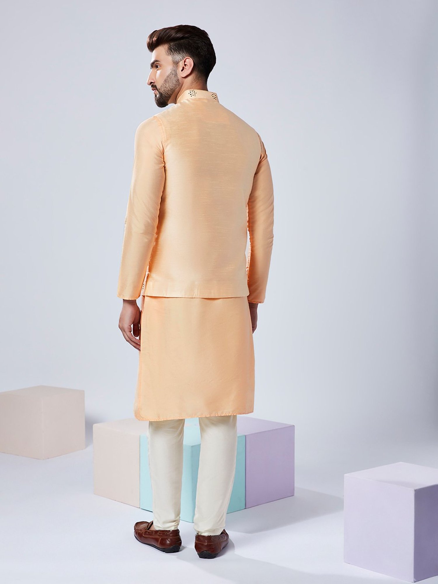 KISAH Nude & Off White Regular Fit Embellished Kurta & Pants With Nehru Jacket