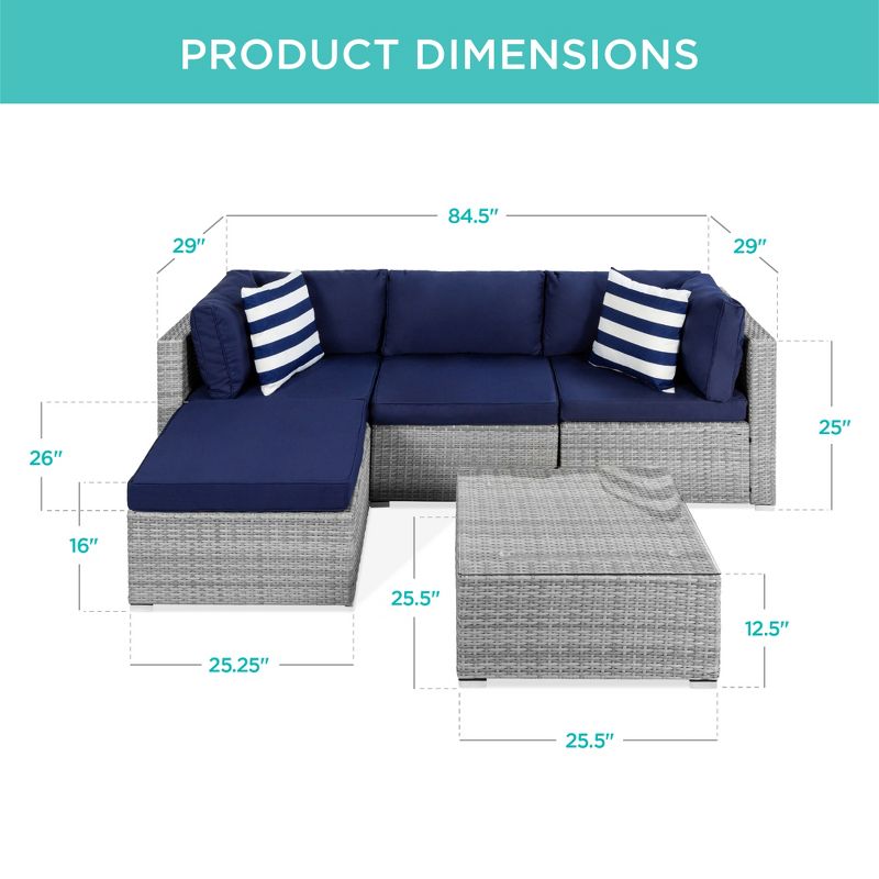 Best Choice Products 5-Piece Modular Outdoor Conversational Furniture Set, Wicker Sectional Sofa w/ Table - Gray/Navy