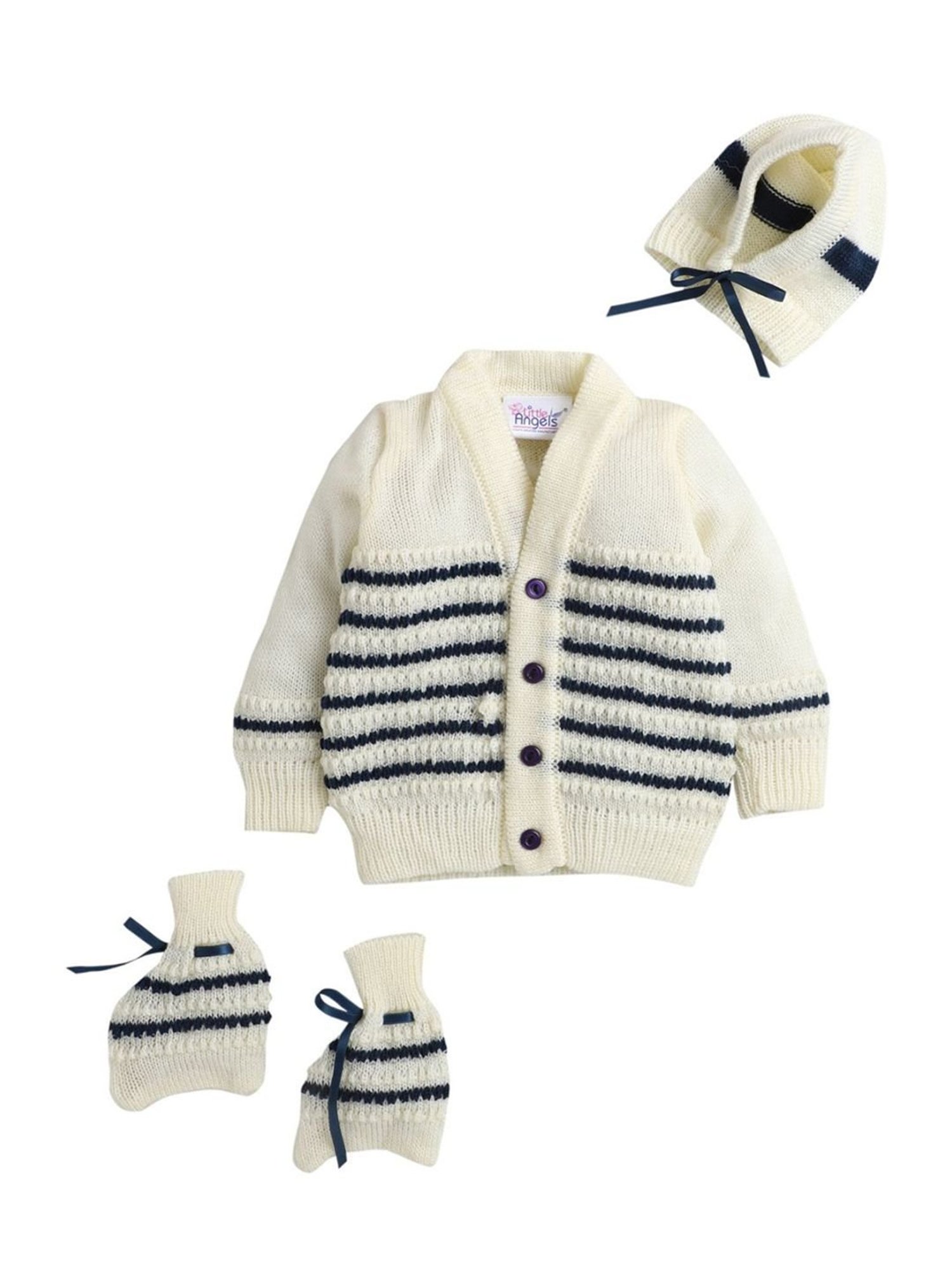 Little Angels Kids Cream & Navy Striped Full Sleeves Sweater Set