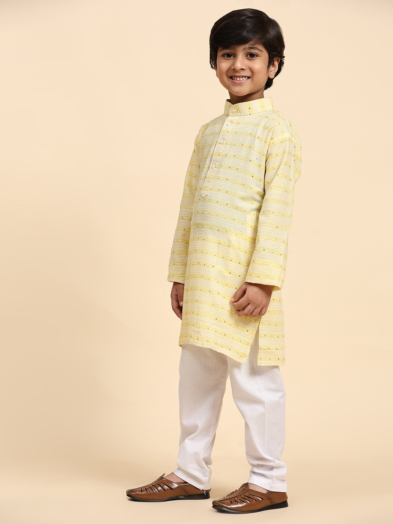 Pro-Ethic Style Developer Kids Yellow & White Embellished Full Sleeves Kurta with Pyjamas