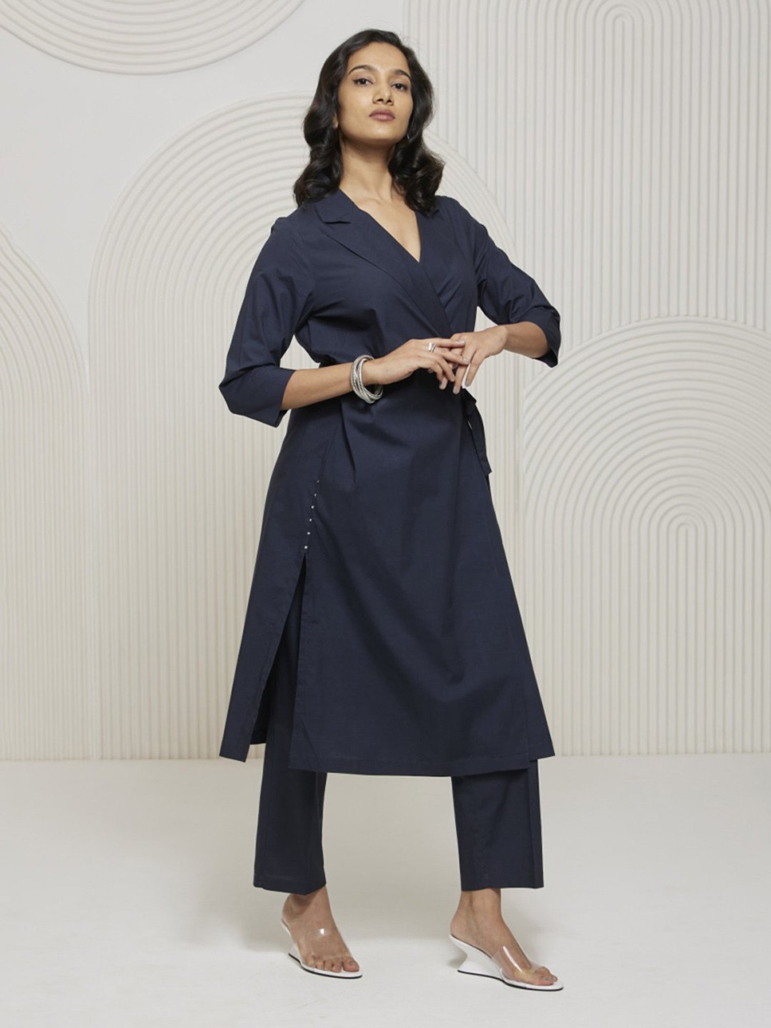 Artagai Midnight Navy Elevated Basics Co-Ord Set With Notch Collar Top And Straight Pants