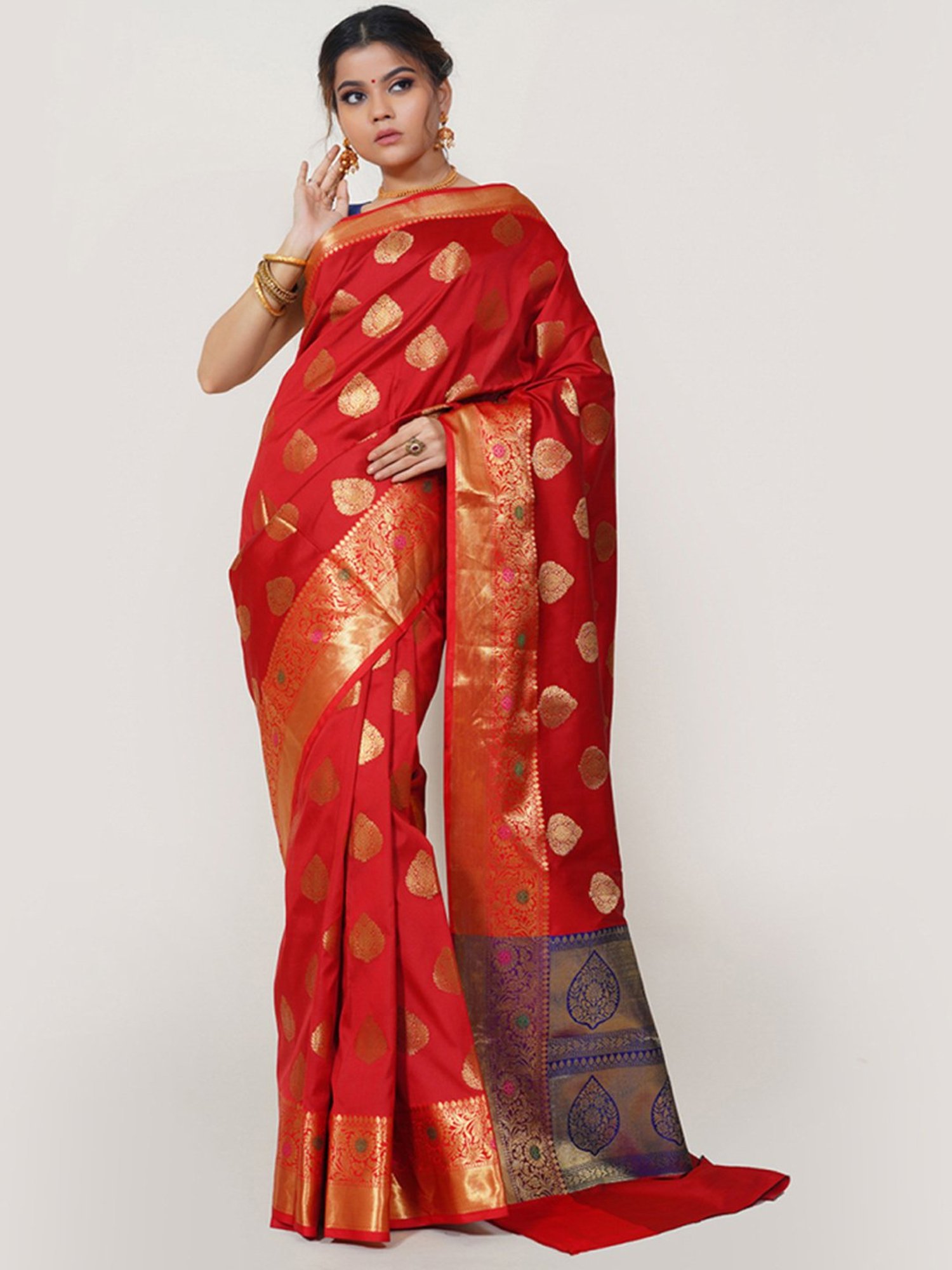 Banarasi Silk Works Red Woven Saree With Unstitched Blouse