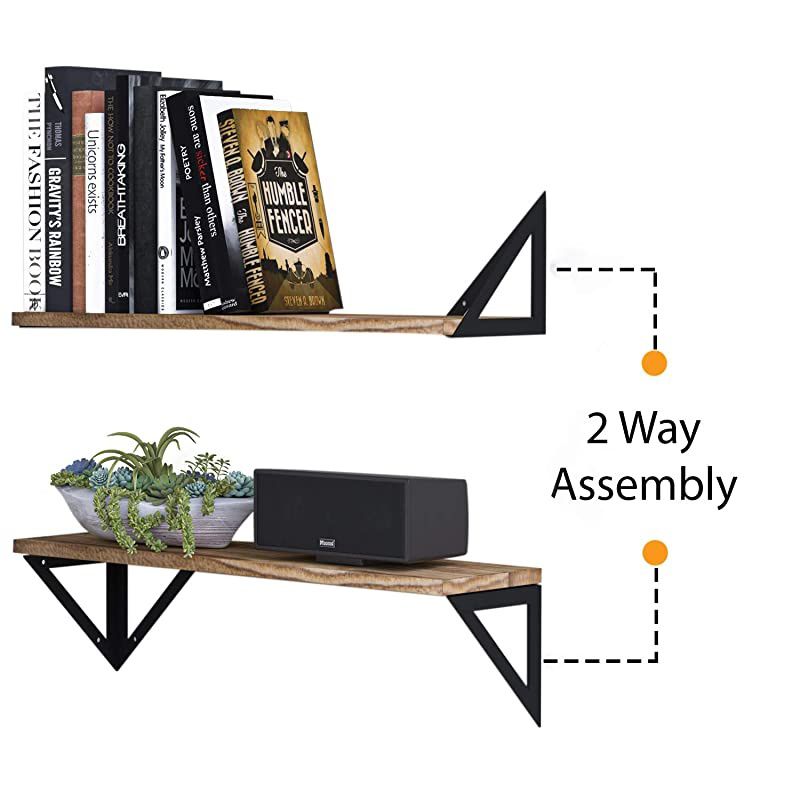 Minori Floating Shelves Set of 3 Small Bookshelf Unit for Living Room Office and Bedroom Natural Burned Rustic Wood Wall Decor with Metal Floating Shelf Bracket
