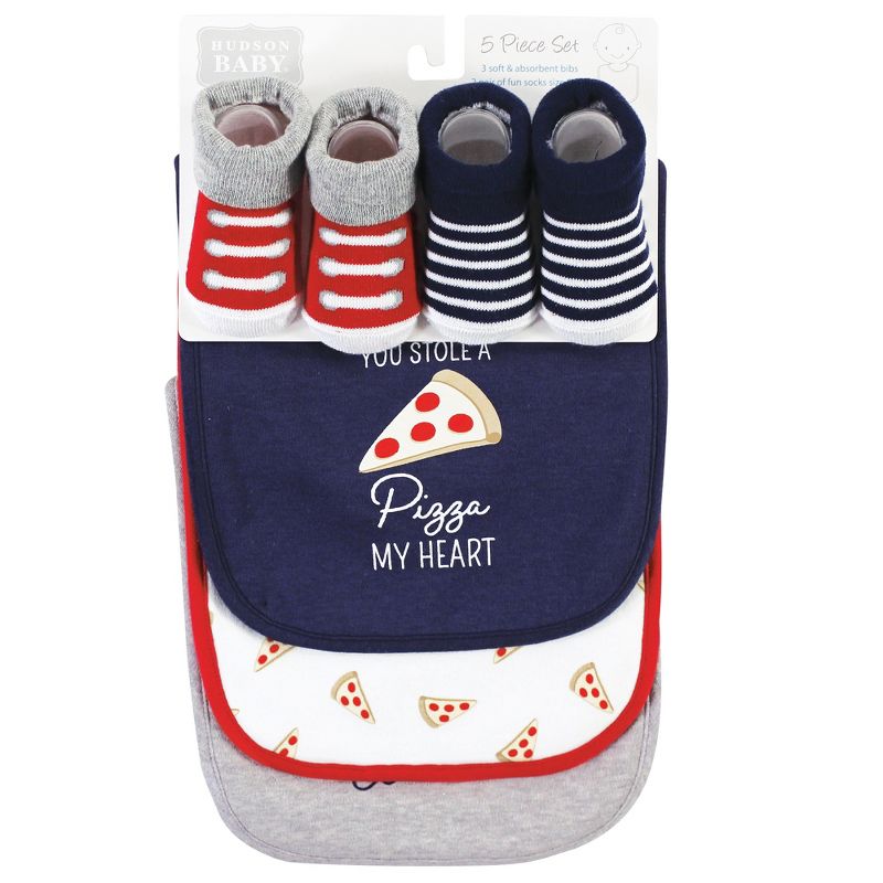 Hudson Baby Infant Boy Cotton Bib and Sock Set, Pizza, One Size