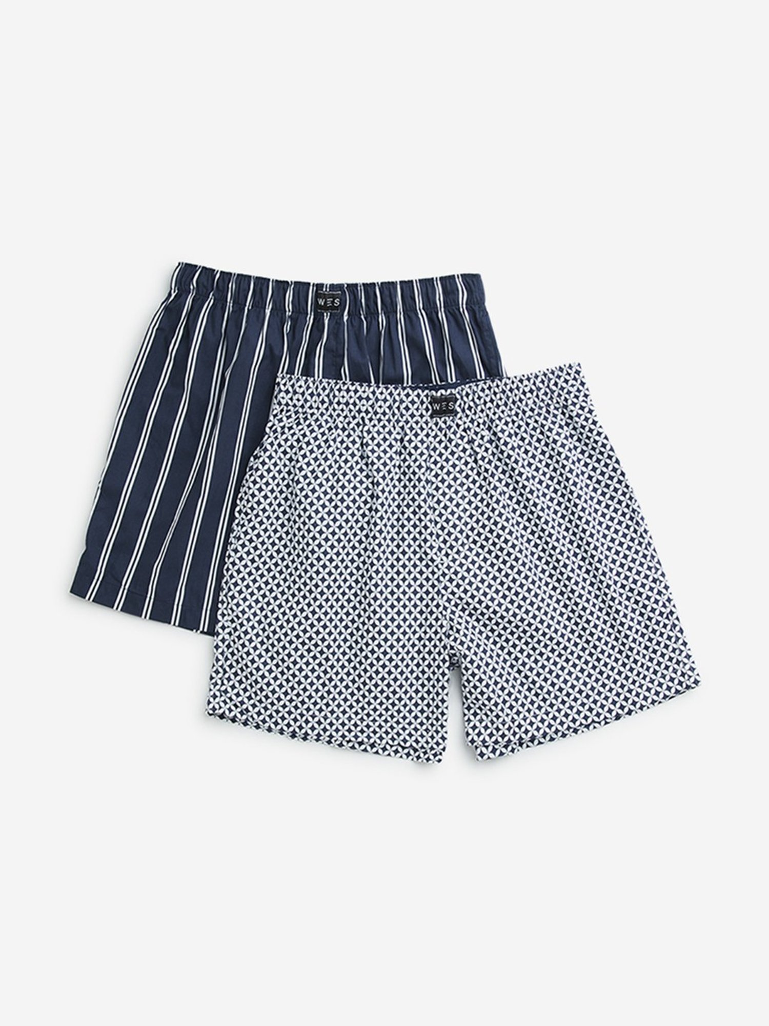 WES Lounge by Westside Blue Printed Cotton Boxers - Pack of 2