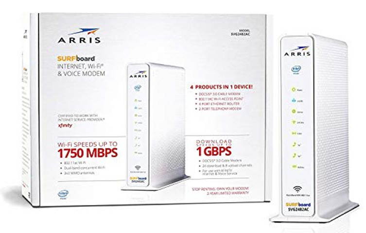 ARRIS Surfboard Docsis 24X8 Cable Modem / Telephone / AC1750 Router Certified for XFINITY - Download Speed: 1 Gbps (SVG2482AC)