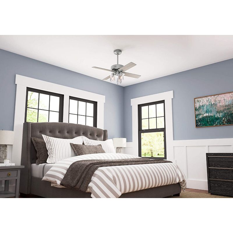 Hunter Fan Company Pelston 44 Inch Indoor Home Small Room 3 Speed Ceiling Fan w/ LED Light, 5 Light Gray Oak Blades, & Pull Chain, Silver