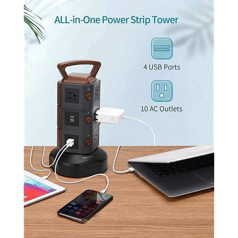 Power Strip Tower  Surge Protector Vertical Charging Station with 10 Outlets 4 USB Ports 65ft Retractable Extension Cord Desktop Plug Bar with Wood Grain for Home Office Dorm Room Hotel