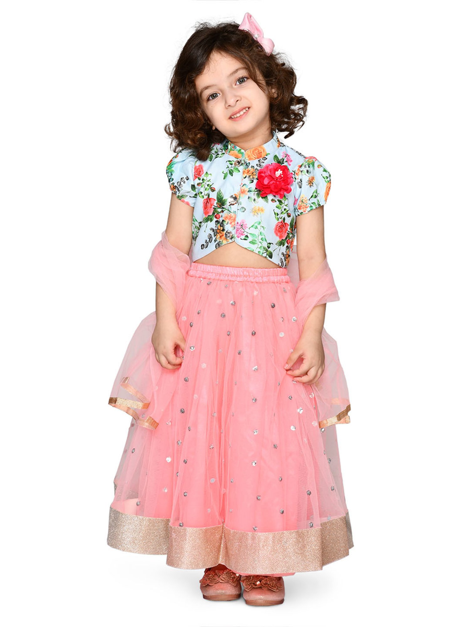 Saka Designs Kids Sky Blue & Pink Floral Print Lehenga with Choli & Dupatta