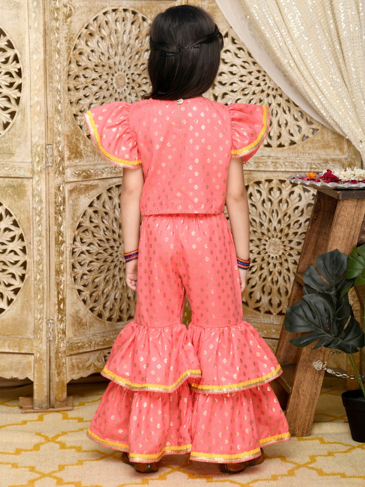 Saka Designs Kids Dark Peach & Gold Printed Top with Sharara