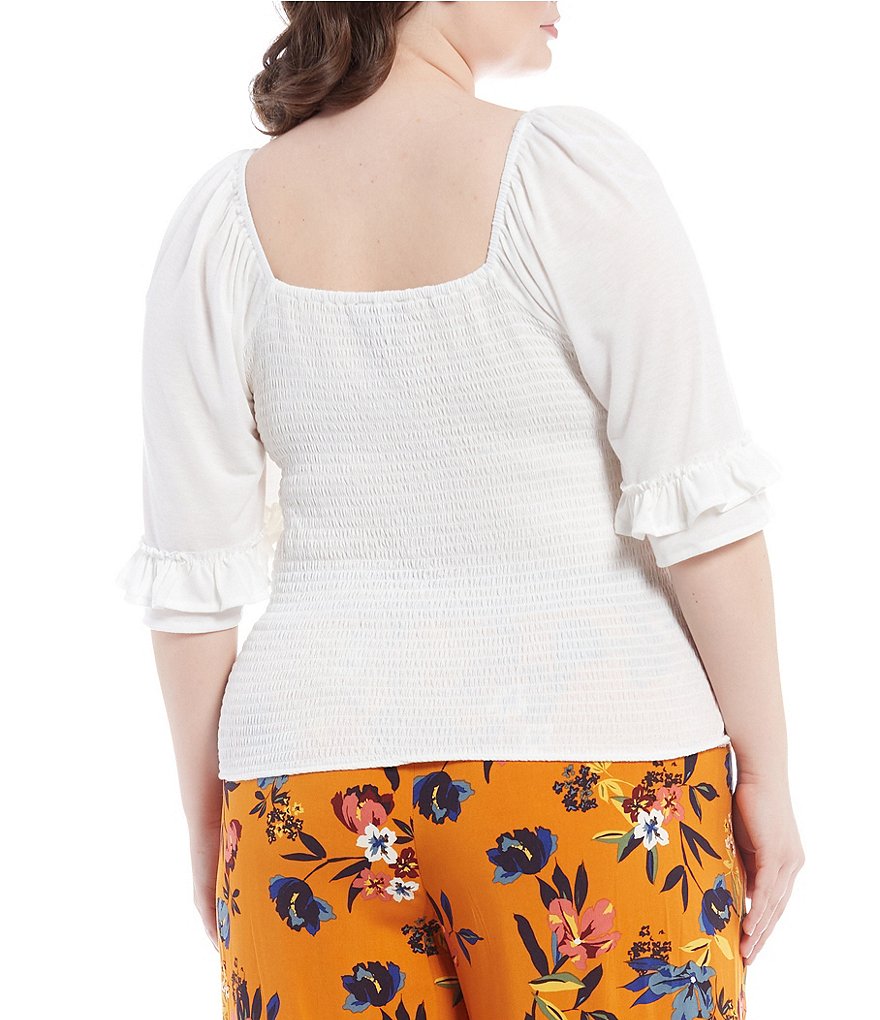 Jessica Simpson Plus Size Sylvia Square Neck Ruffle Bell Short Sleeve Smocked Top