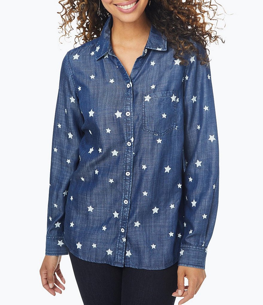 Foxcroft Hampton Long Sleeve Point Collar Star Embroidered Button Front Tencel Shirt