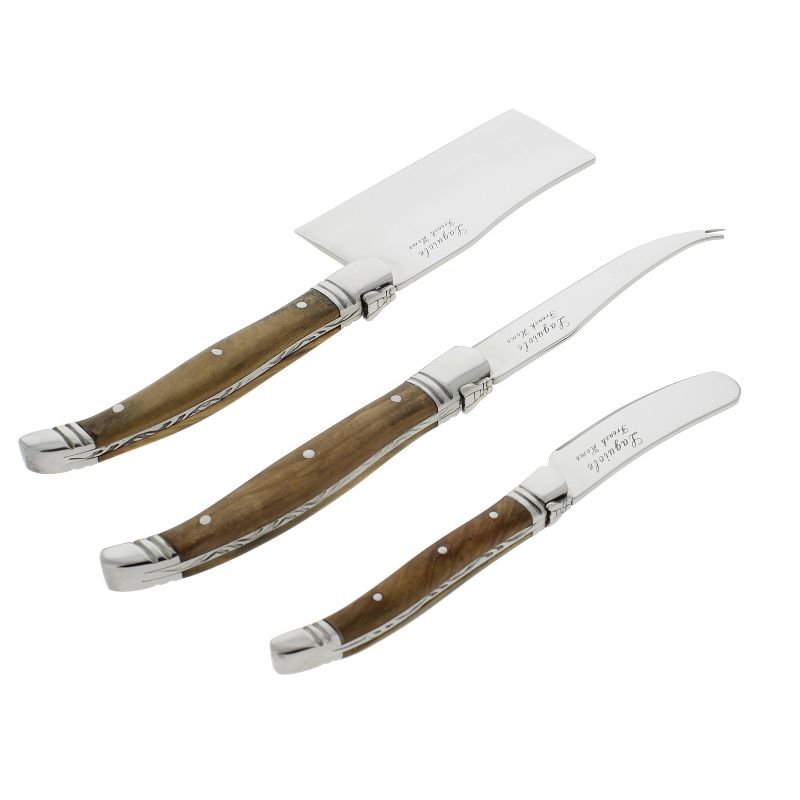 3pc Stainless Steel Laguiole Olive Wood Cheese Knife Set - French Home