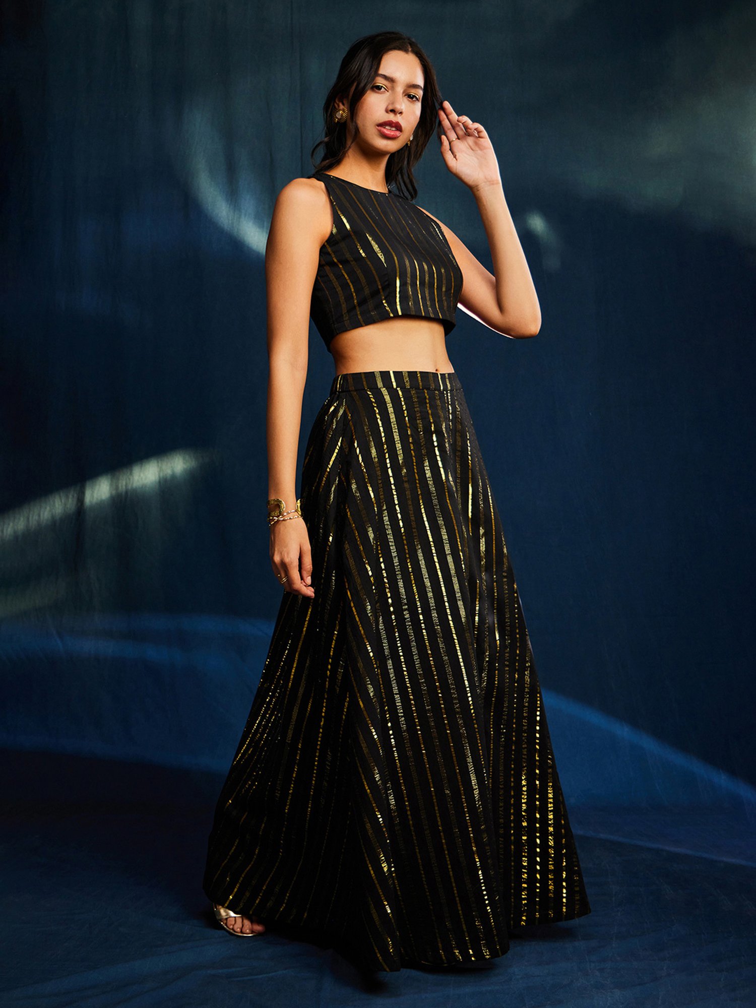 Pink Fort Black Cotton Striped Crop Top With Skirt