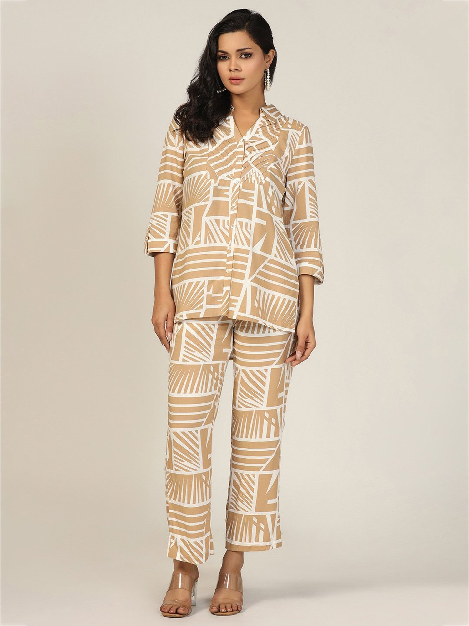 Mustard Beige & White Printed Shirt