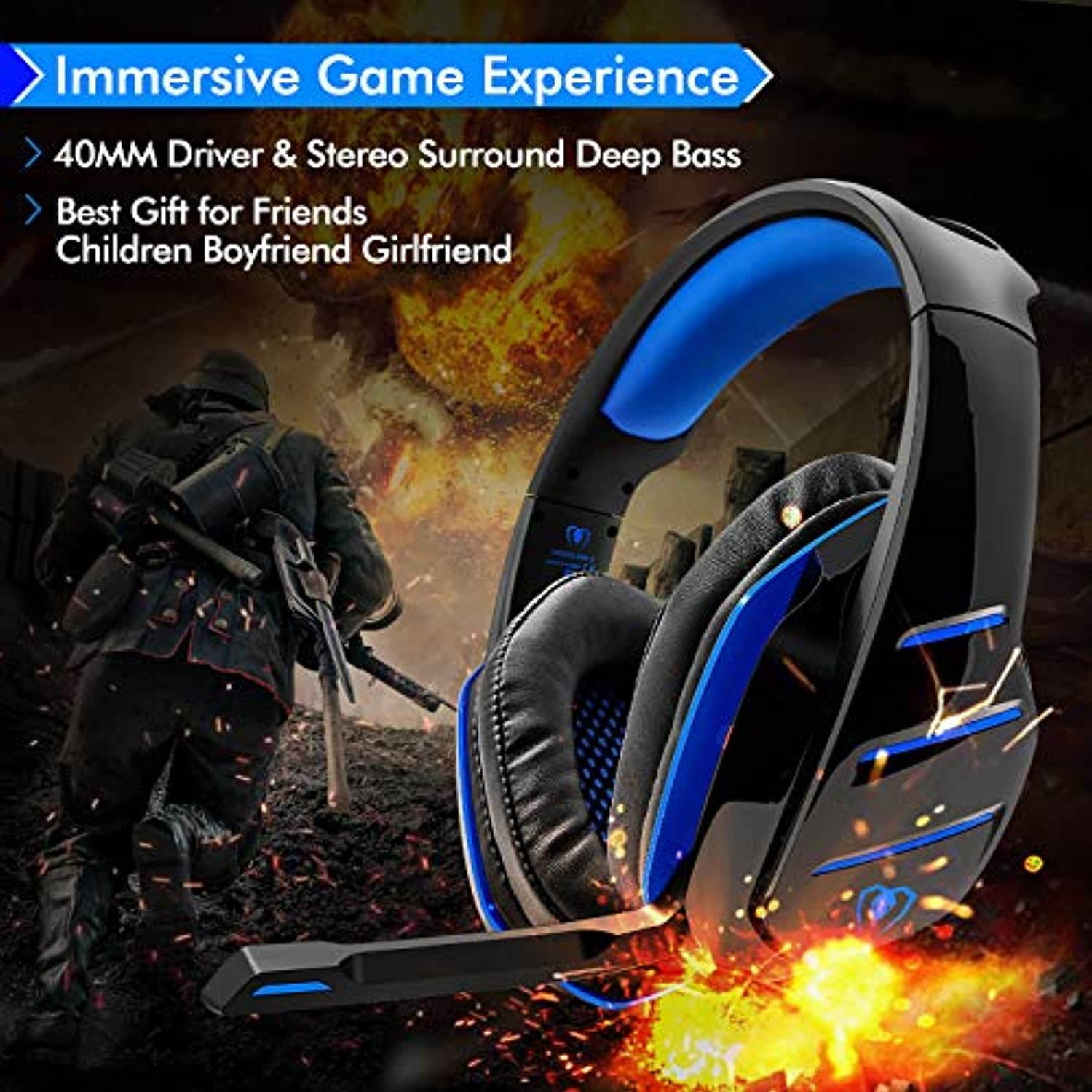 PS4 Gaming Headset with Mic, Beexcellent Newest Deep Bass Stereo Sound Over Ear Headphone with Noise Isolation LED Light for PC Laptop Tablet Mac (Blue) (GM-3blue-us)