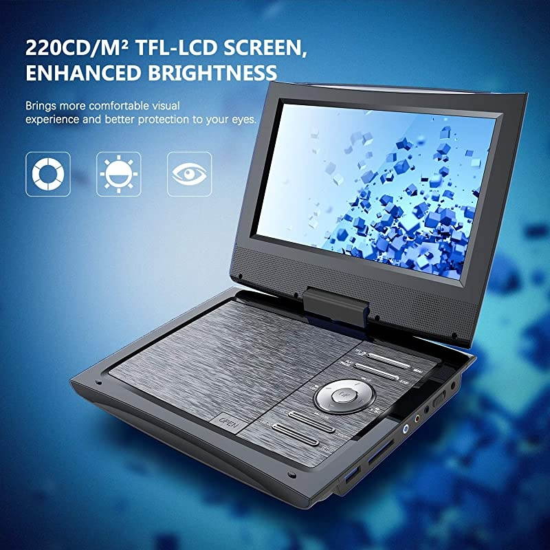11 Portable DVD Player for Car and Kids with 95 inch HD Swivel Screen 5 Hour Rechargeable Battery Dual Earphone Jack Supports SD CardUSBCDDVD with Extra Headrest Mount Case Black