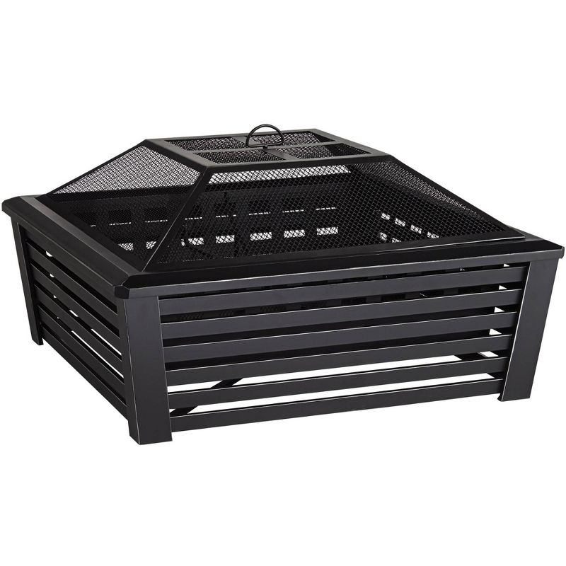 John Timberland Black Outdoor Fire Pit Square 35" Steel Metal Mesh Wood Burning with Spark Screen and Fire Poker for Outside Backyard Patio Camping