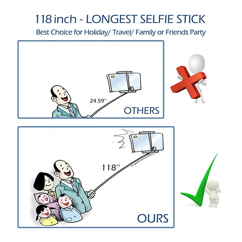 Long Selfie Stick Super Length Lightweight Extendable Pole from 20 to 118 Builtin Wireless Remote Shutter Grip Holder Mount Compatible iPhone Samsung Android Cell PhoneBlue